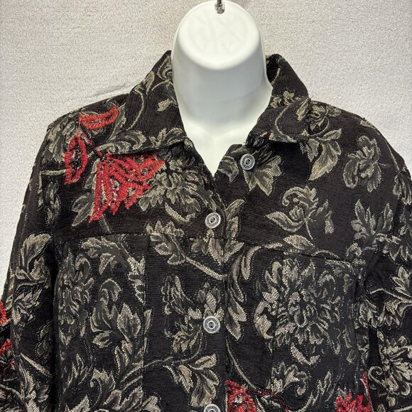 Chico's Jacquard Floral Jacket 0 (Small 4) Black Red Gold Embroidered Christmas - Picture 4 of 16